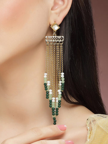 Karatcart Gold Plated Green Beads Kundan Drop Earrings for Women