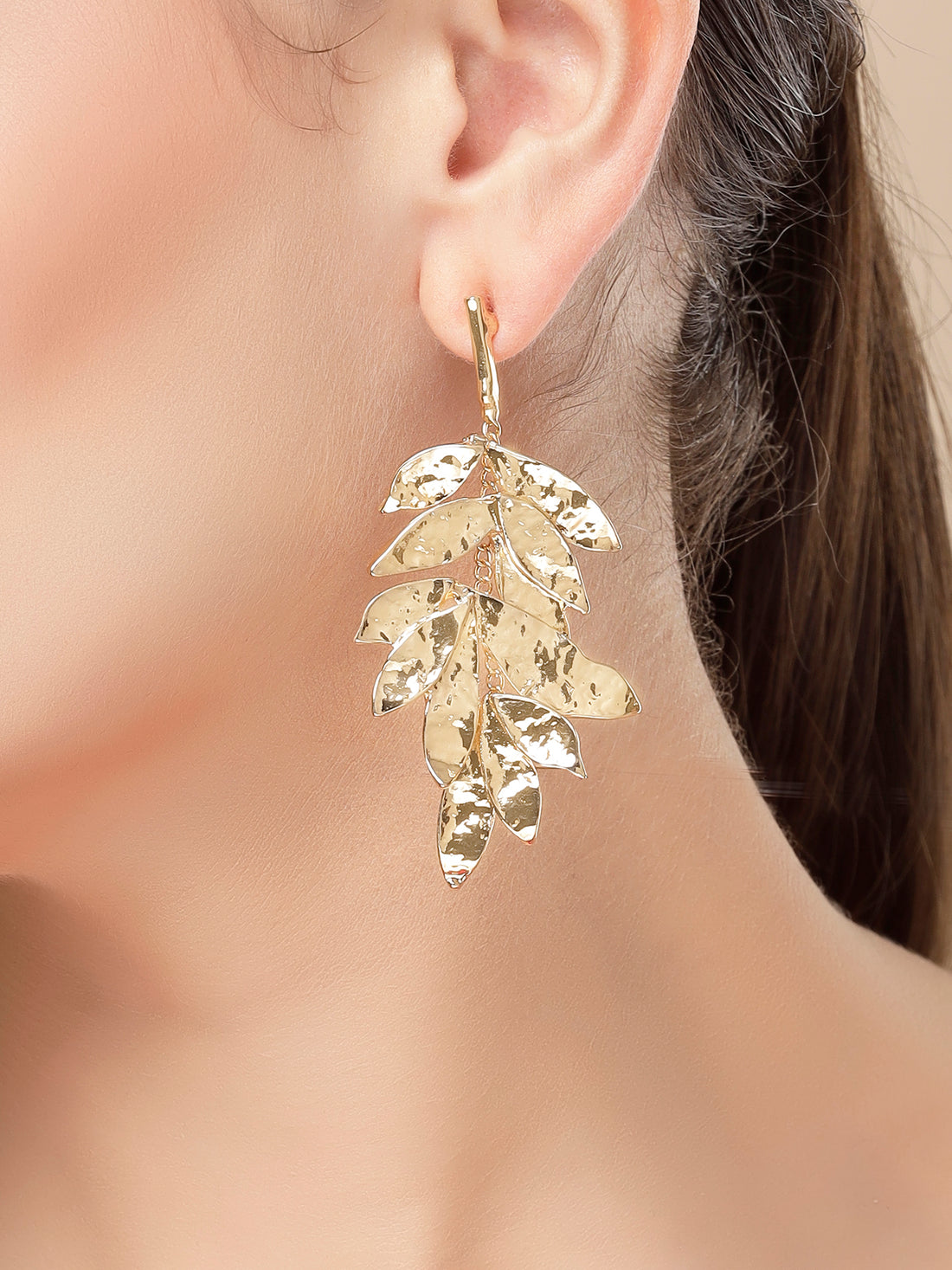 Bohey by KARATCART Gold Plated Hammered Leaf Design Drop Earrings for Women