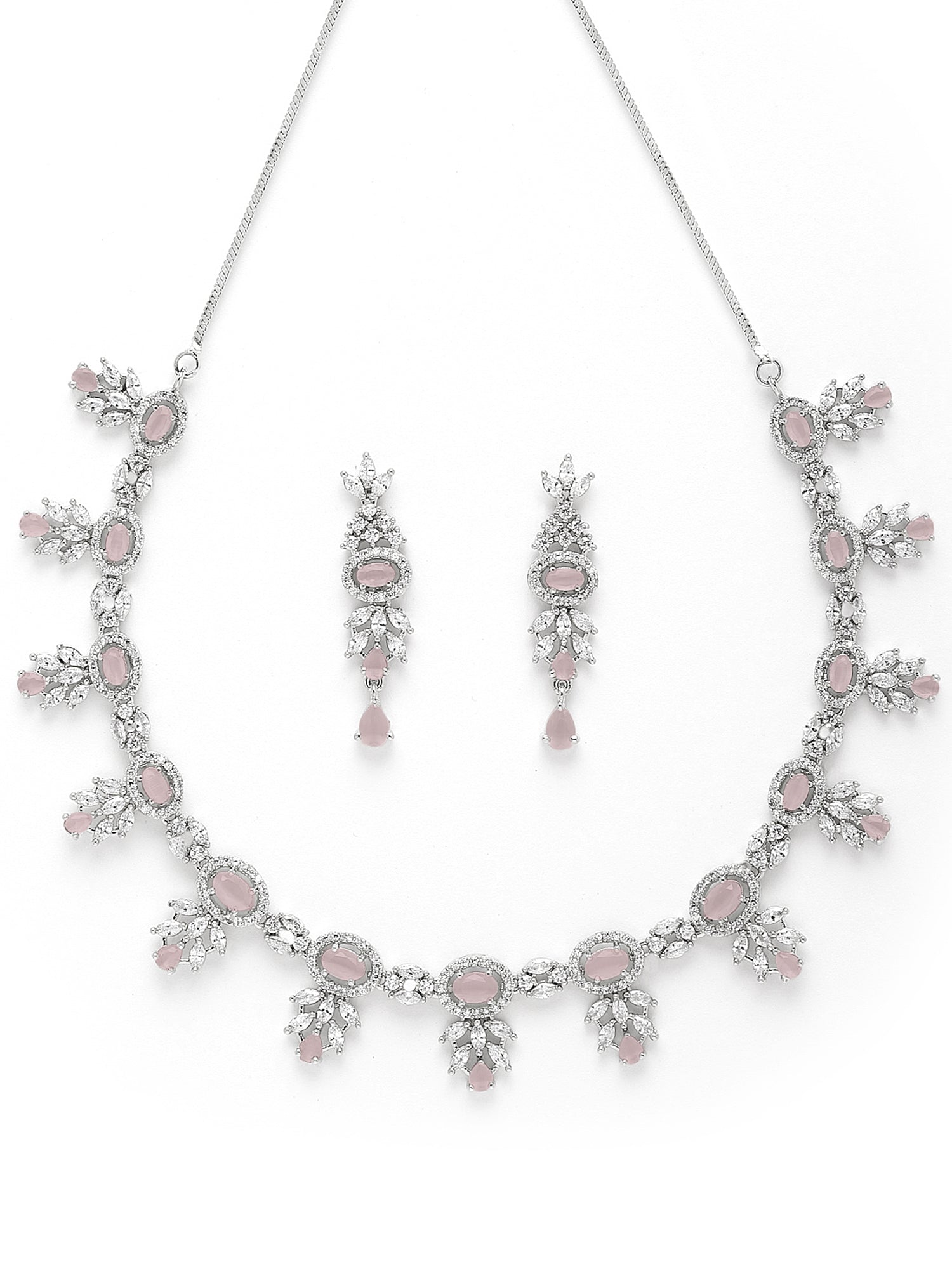 Karatcart Silver Plated Pink CZ Studded Necklace with Earrings - view 4