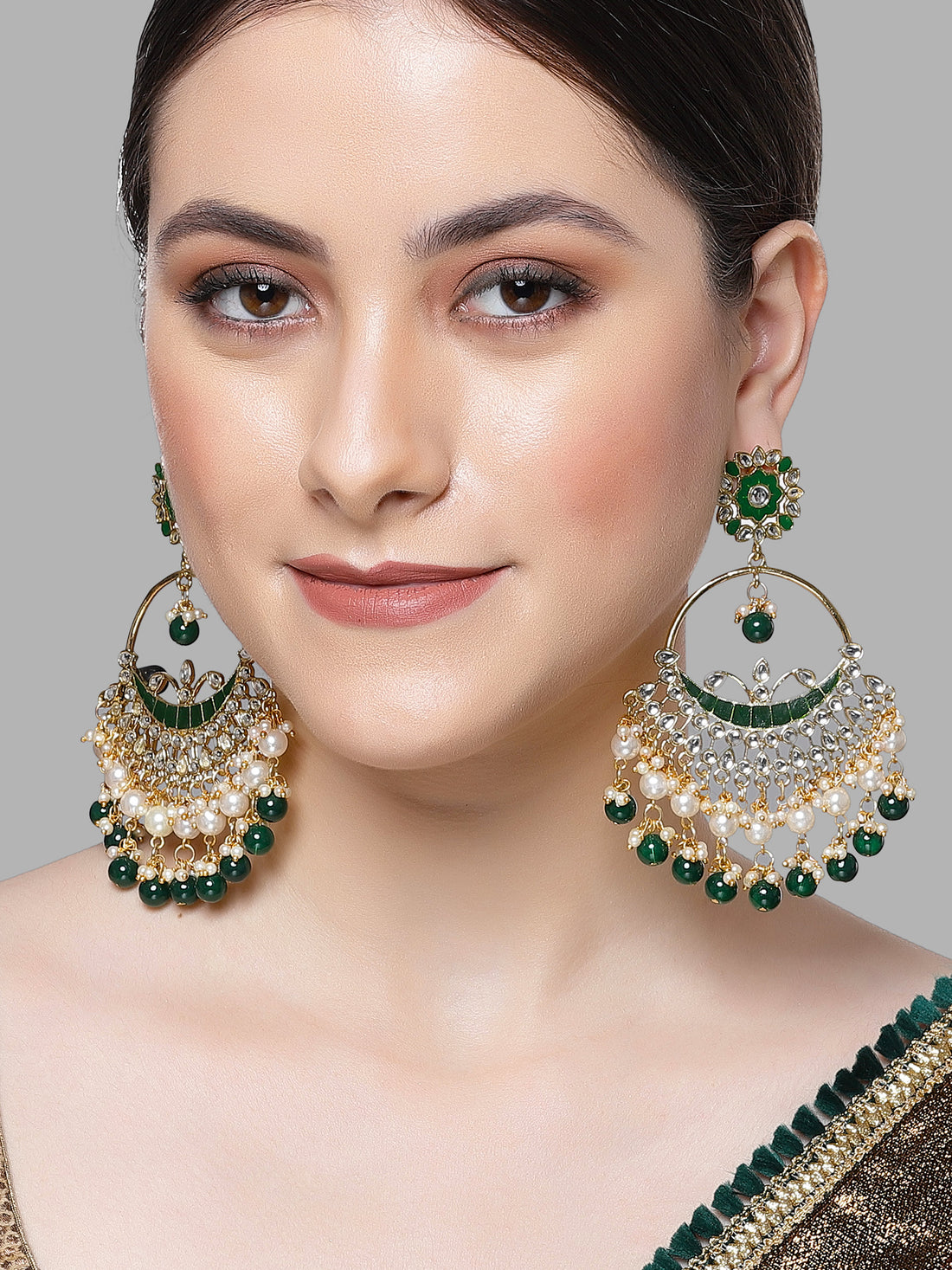 Karatcart Gold Plated Green Beads and Pearl Kundan Chandbali Earrings for Women