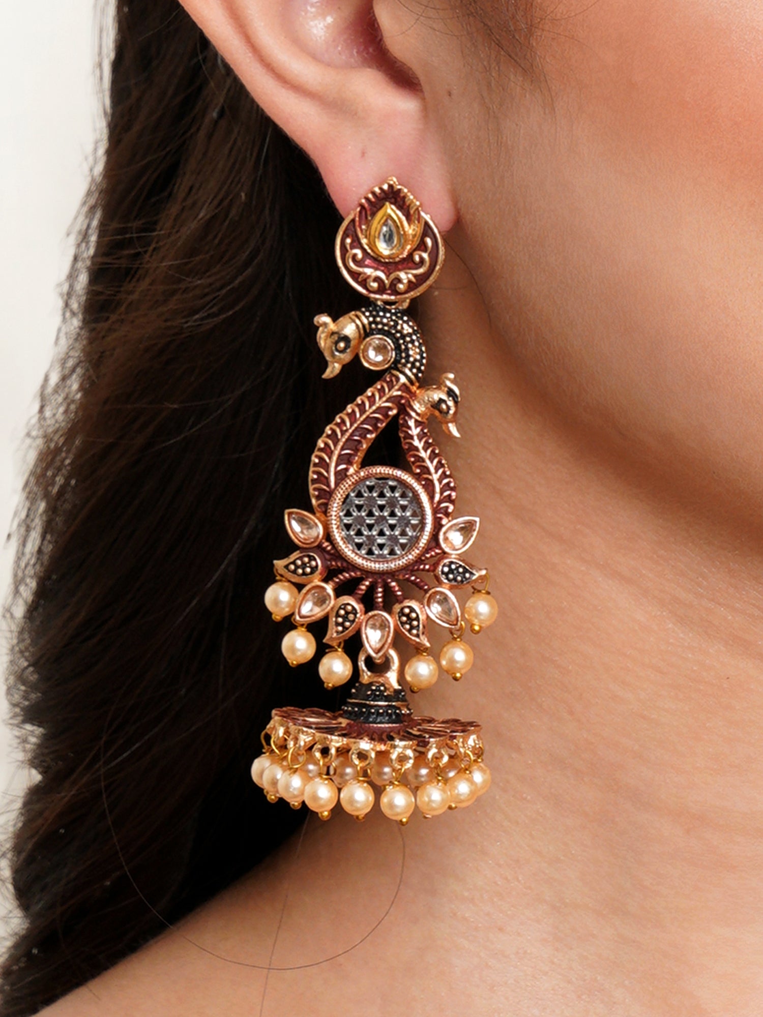 Karatcart Antique Gold Plated Kundan Studded Maroon Meena Peacock with Flat Jhumki Dangler Earrings - Image 1