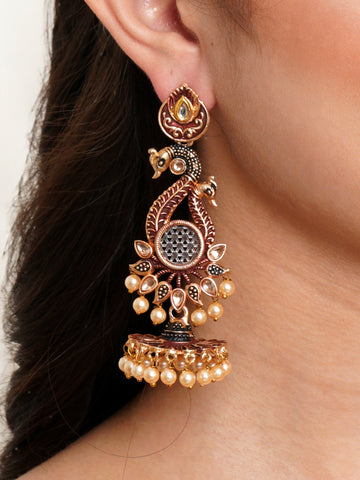 Karatcart Antique Gold Plated Kundan Studded Maroon Meena Peacock with Flat Jhumki Dangler Earrings