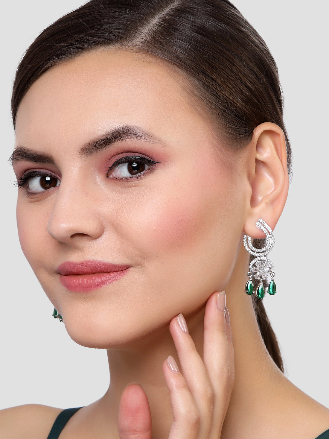 Karatcart Silver Tone Green Cubic Zirconia Studded Dangler Earrings for Women