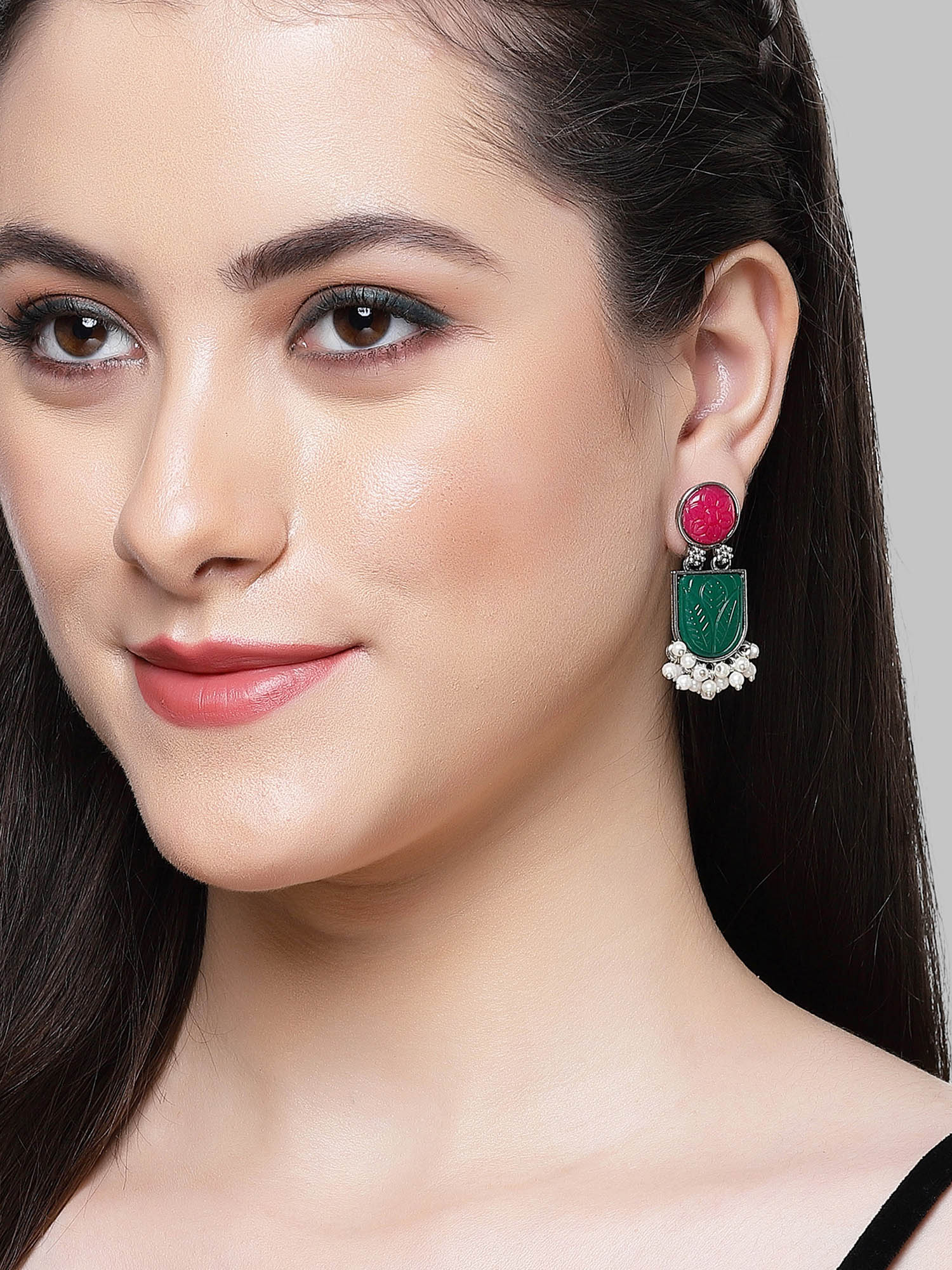Karatcart Silver Tone Pink and Green Carved Stone Studded Drop Earrings for Women