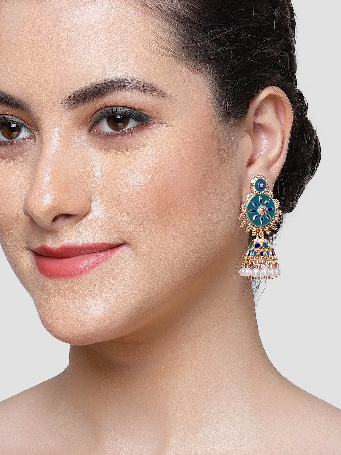 Karatcart Rose Gold Plated Blue Meena Floral Jhumki Earrings for Women