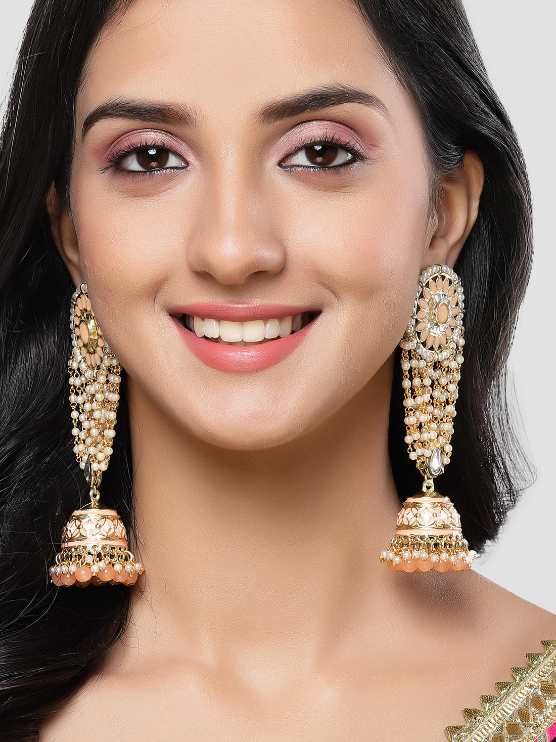 Karatcart Gold Plated Peach Beads Floral Kundan Jhumki Drop Earring for Women