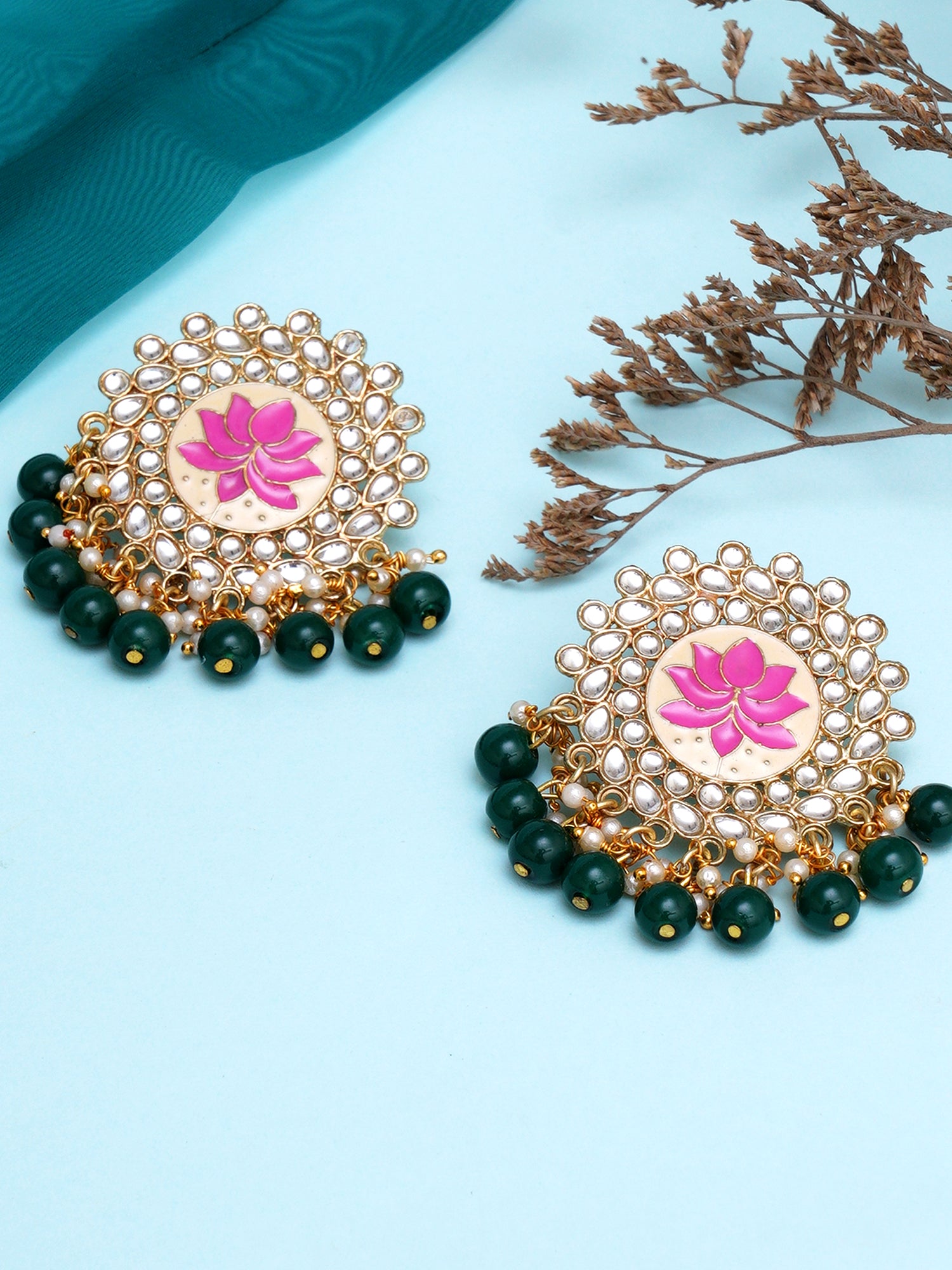 Karatcart Gold Plated Pink Meena Green Beads Kundan Stud Earrings for Women - Image 1