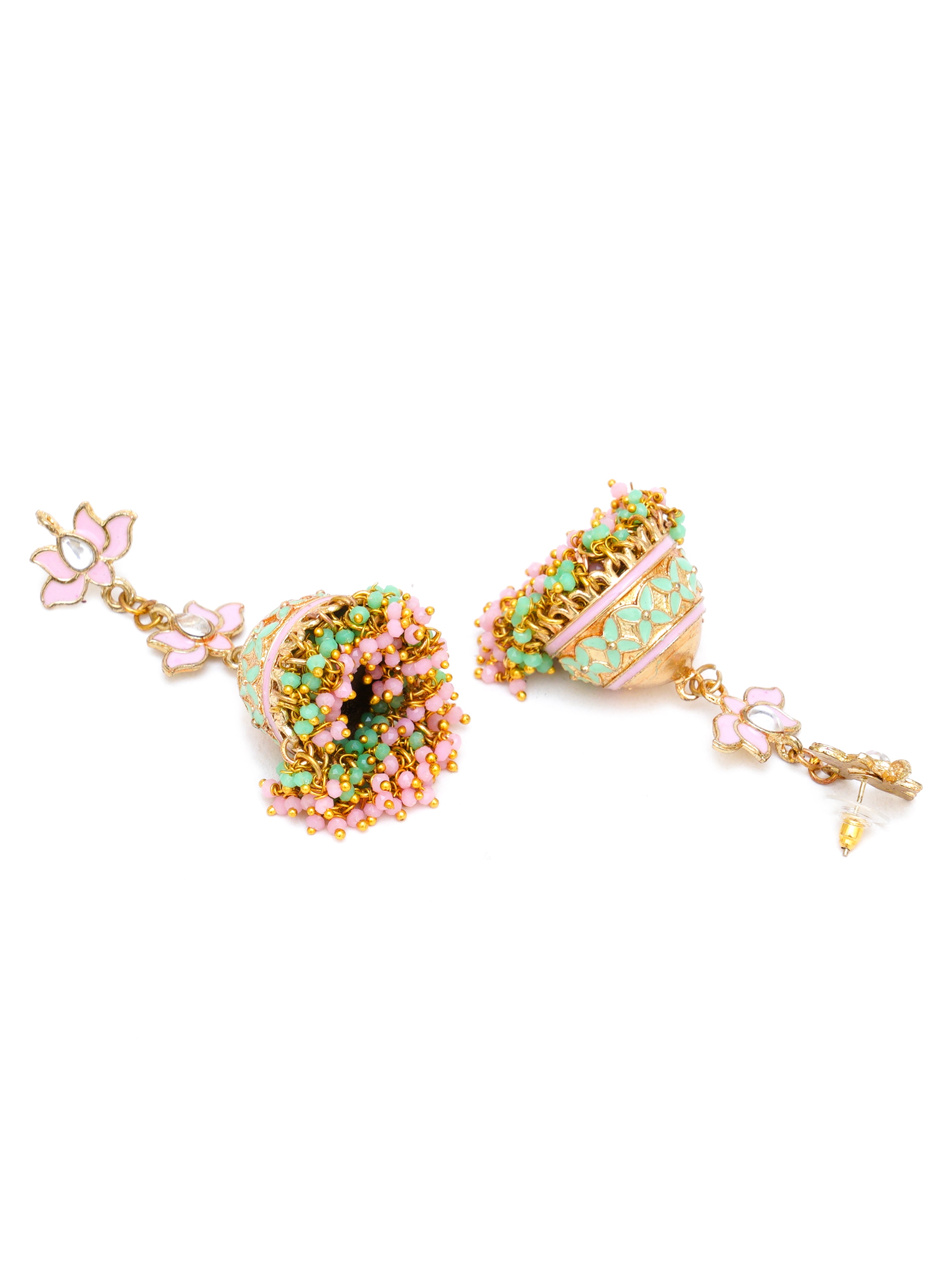 Karatcart Gold Plated Pink and Light Green Crystal Kundan Jhumki Earrings for Women - view 4