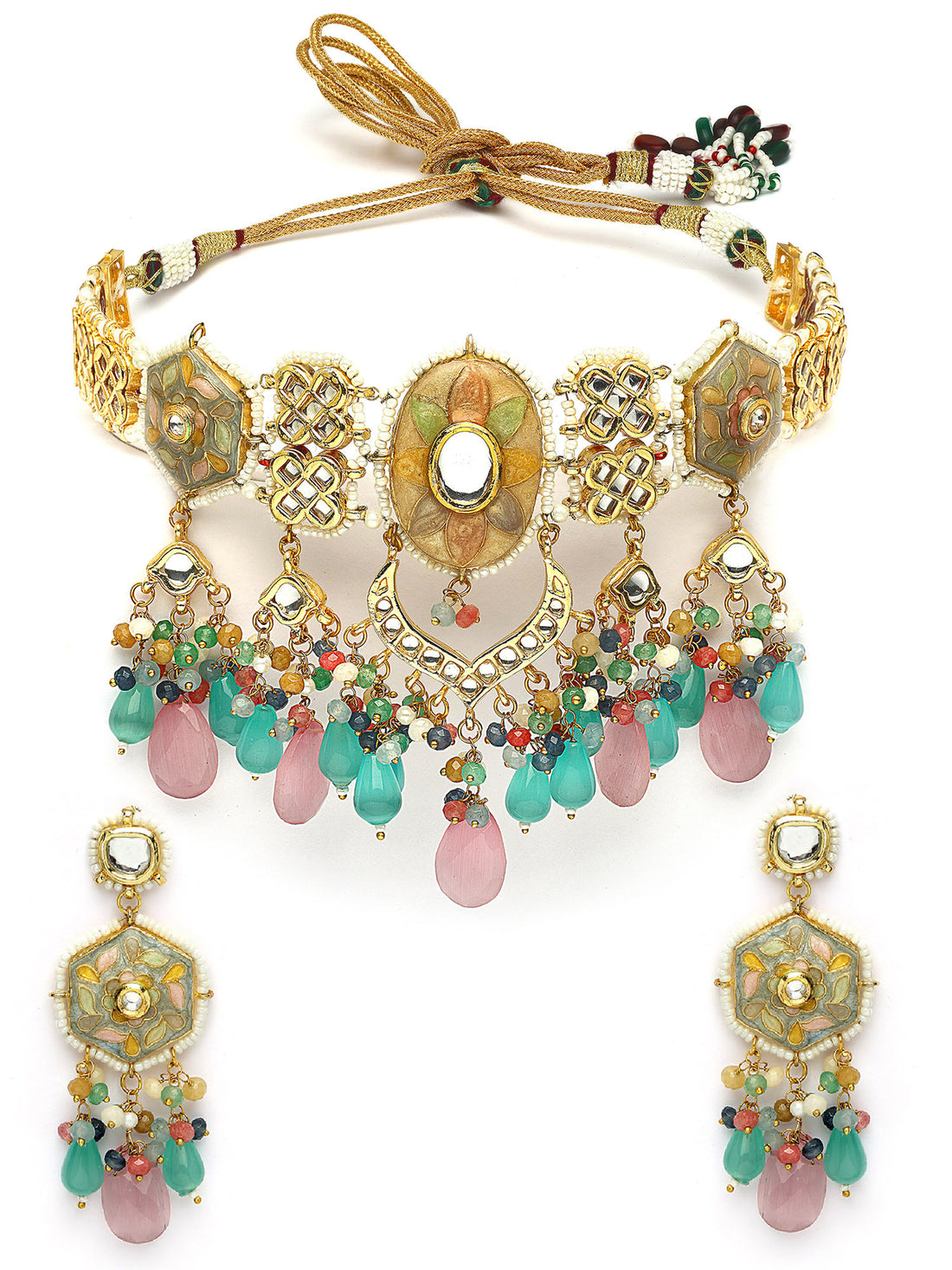 Karatcart Pink and Light Blue Crystal Gold Plated Polki Kundan Choker Necklace Set for Women
