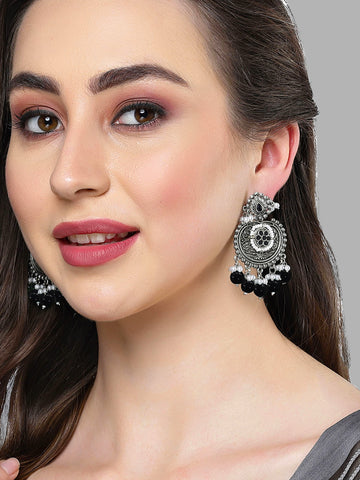 Karatcart Oxidised Silver Black Beads Floral Drop Earrings for Women