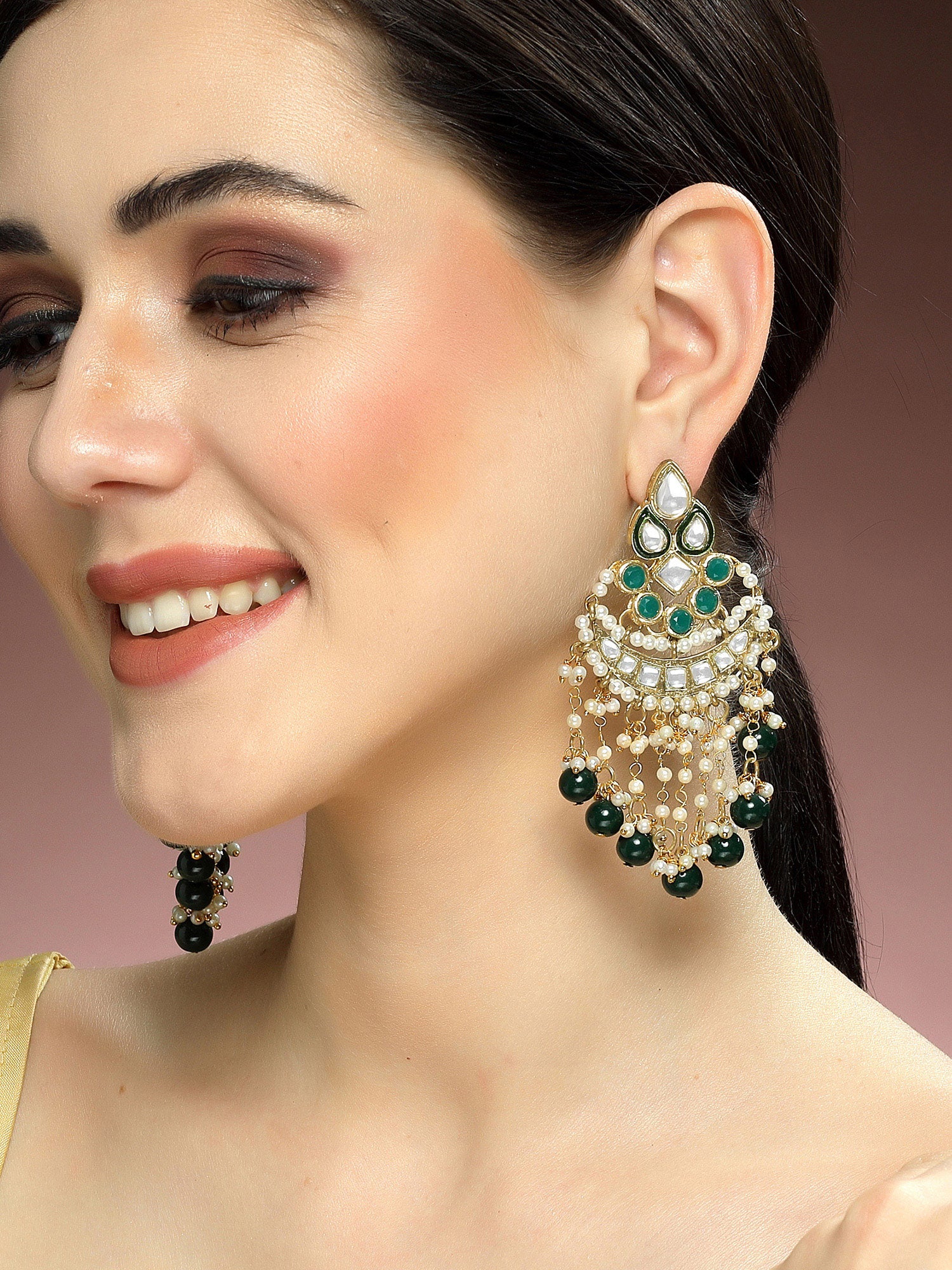 Karatcart Gold Plated Kundan Green Beads Dangler Earrings for Women - view 2