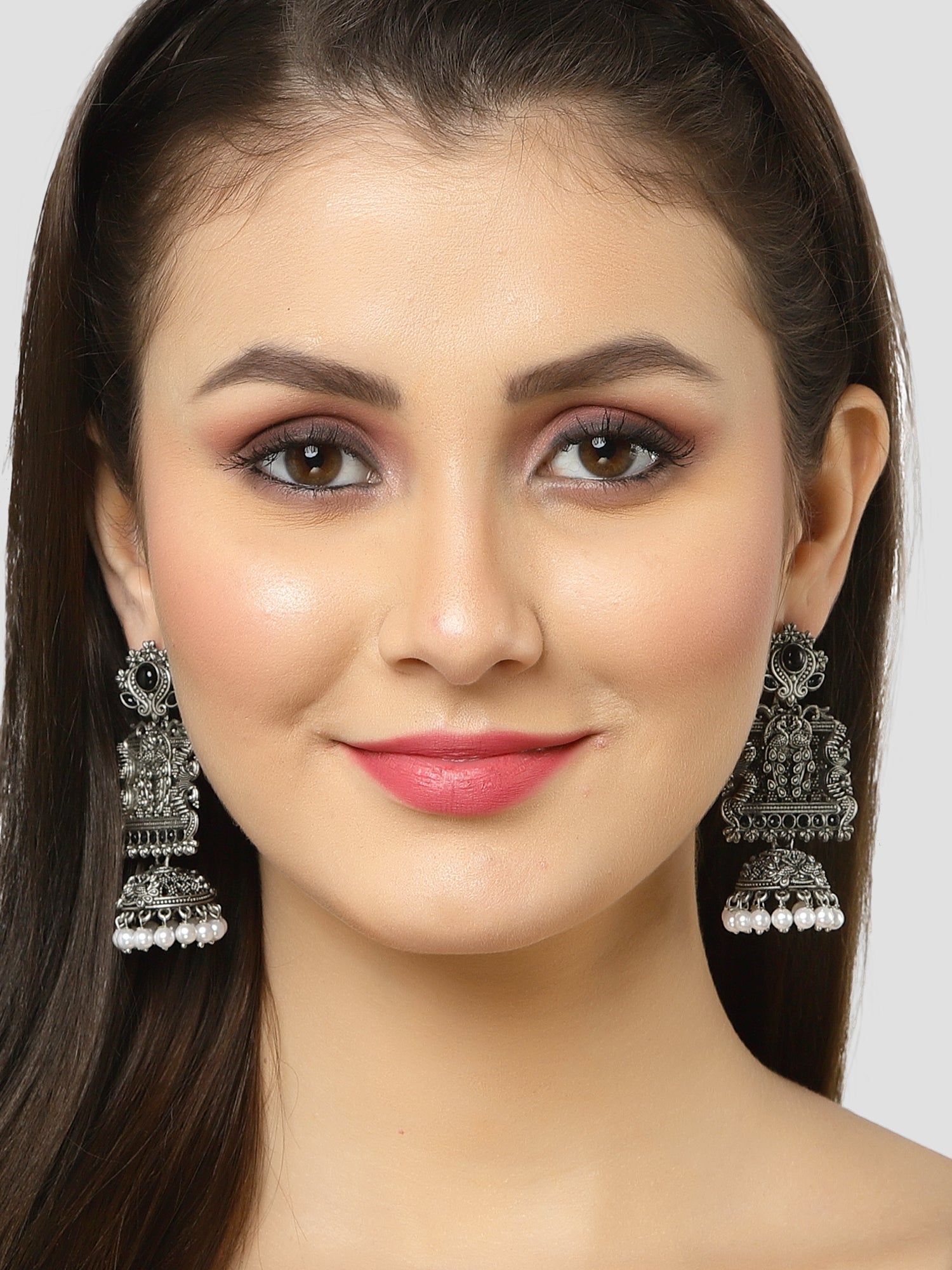 Karatcart Oxidised Silver Peacock Black Stone Studded Dangler Jhumki Earrings for Women - view 2