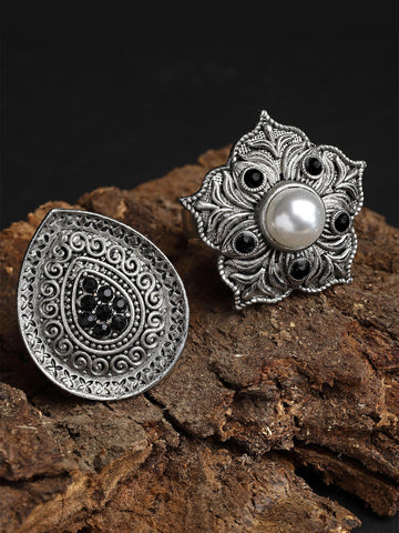 Karatcart Oxidised Silver Black Stone Floral and Drop Shape Combo Womens Rings