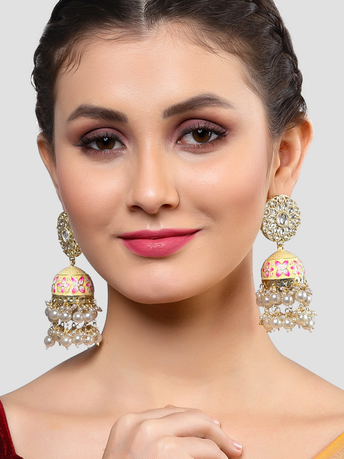 Karatcart Gold Plated Floral Design Pearl Studded Yellow Meena Kundan Jhumki Earrings for Women