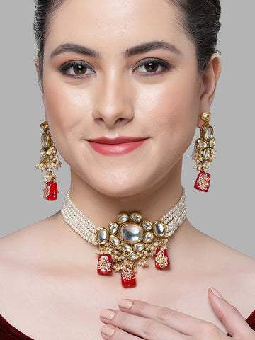 Karatcart Red Tumble and Pearl Studded Polki Kundan Choker Necklace Set for Women