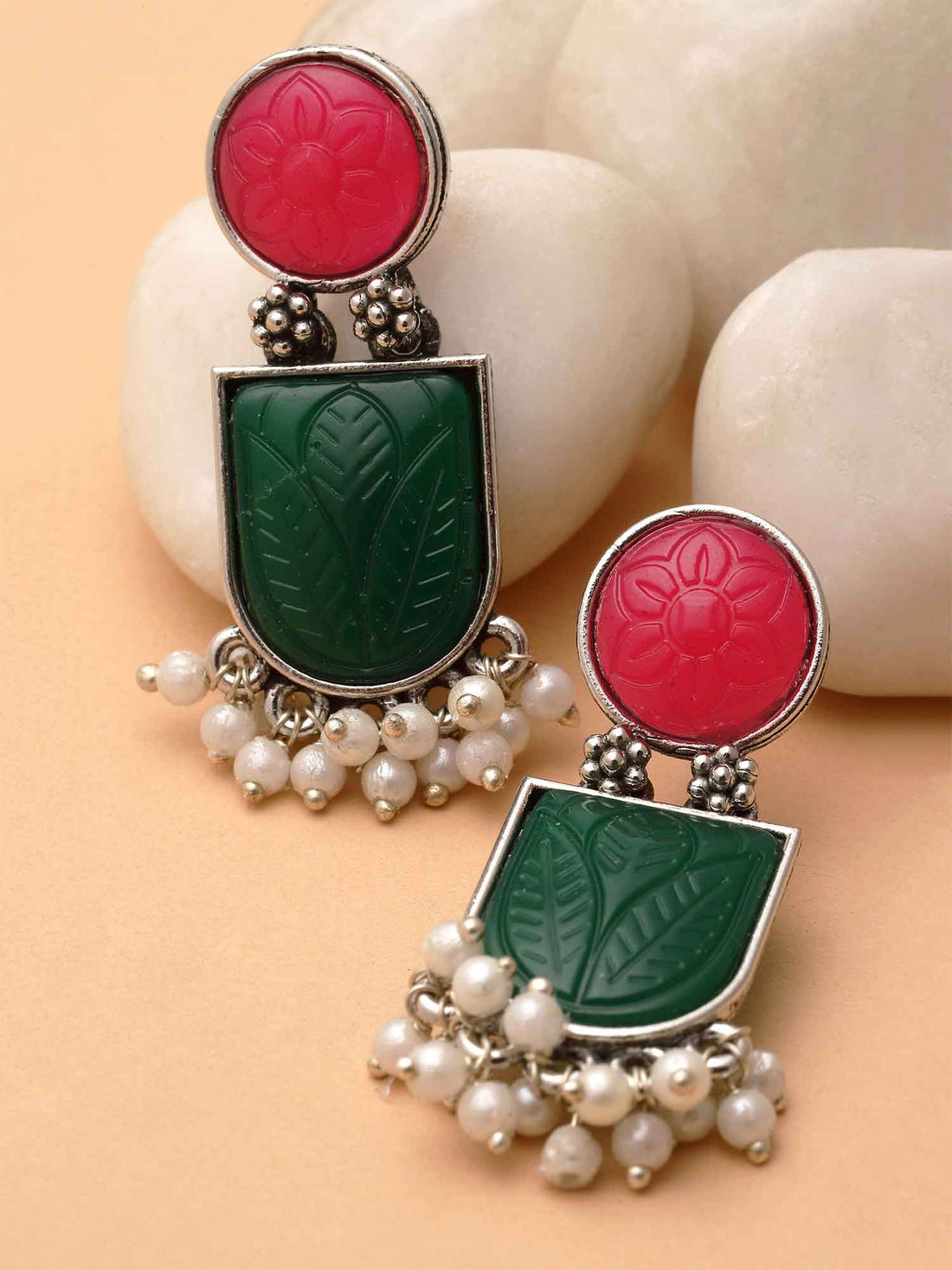 Karatcart Silver Tone Pink and Green Carved Stone Studded Drop Earrings for Women