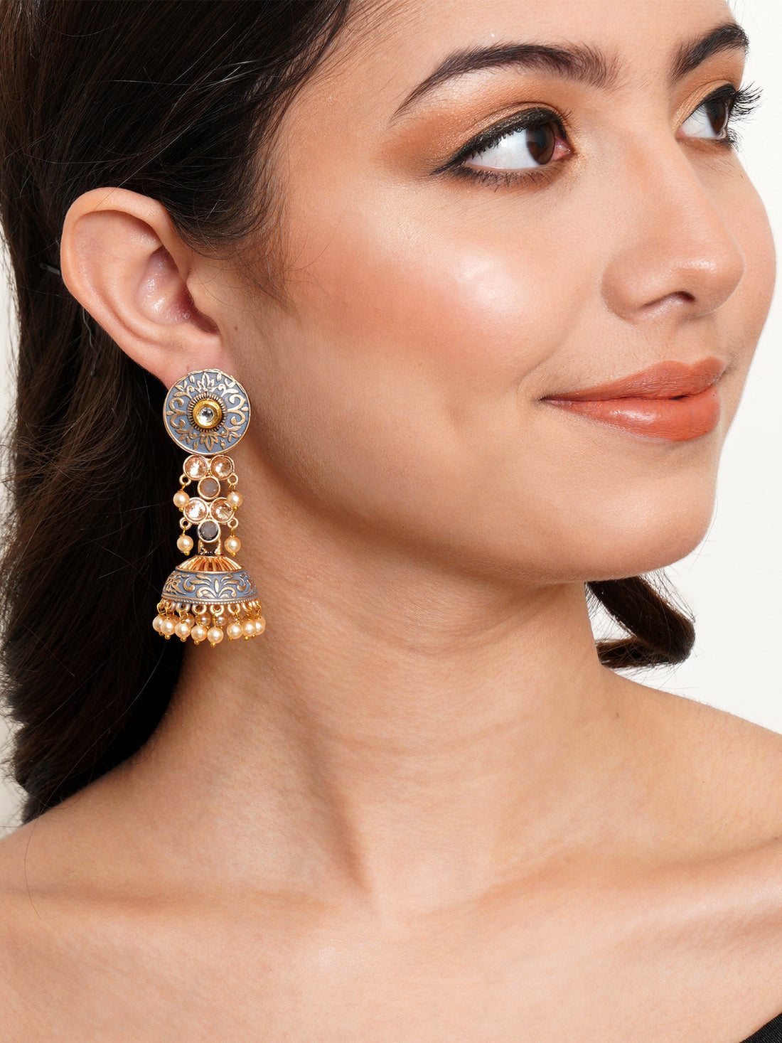 Karatcart Gold Plated Grey Meena and Pearl Studded Jhumki Earrings for Women