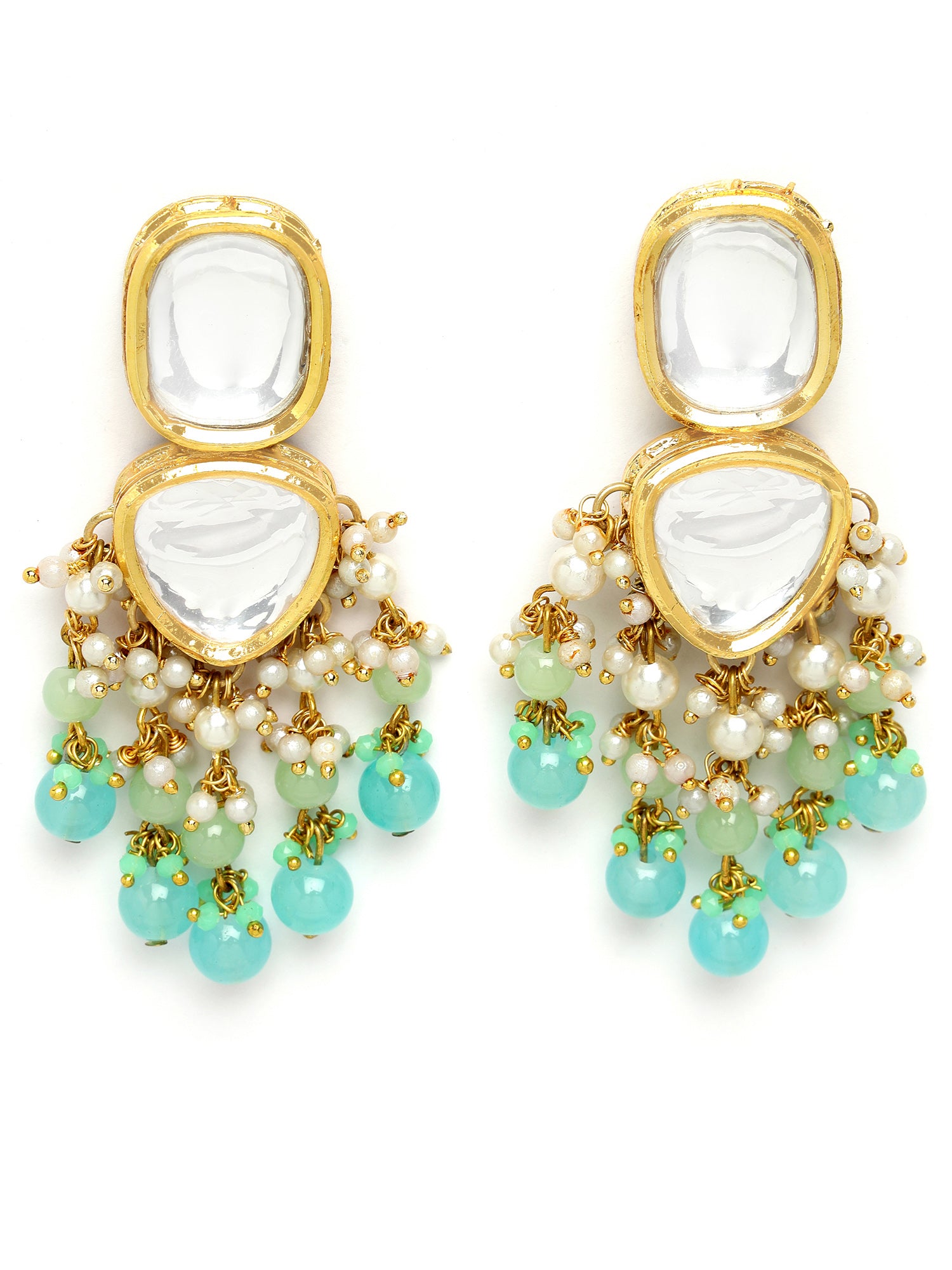 Karatcart Gold Plated Blue Beads Polki Kundan Drop Earrings for Women - view 4