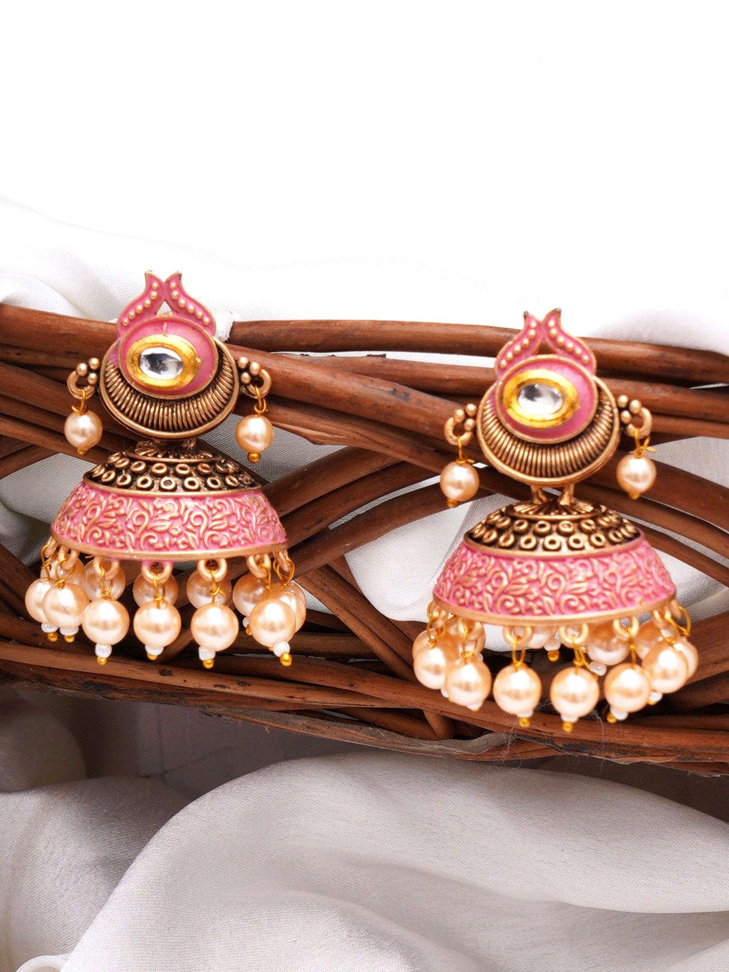 Karatcart Antique Gold Plated Polki Kundan Studded Pink Meena Jhumki Earrings for Women - view 3