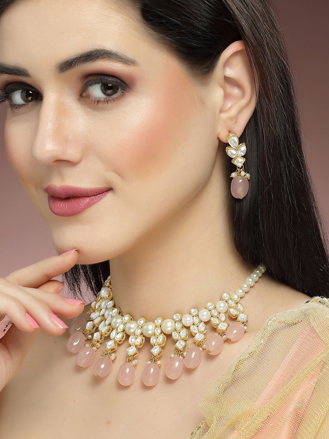 KARATCART Gold Plated Kundan Classic Pink Jewellery Set for Women