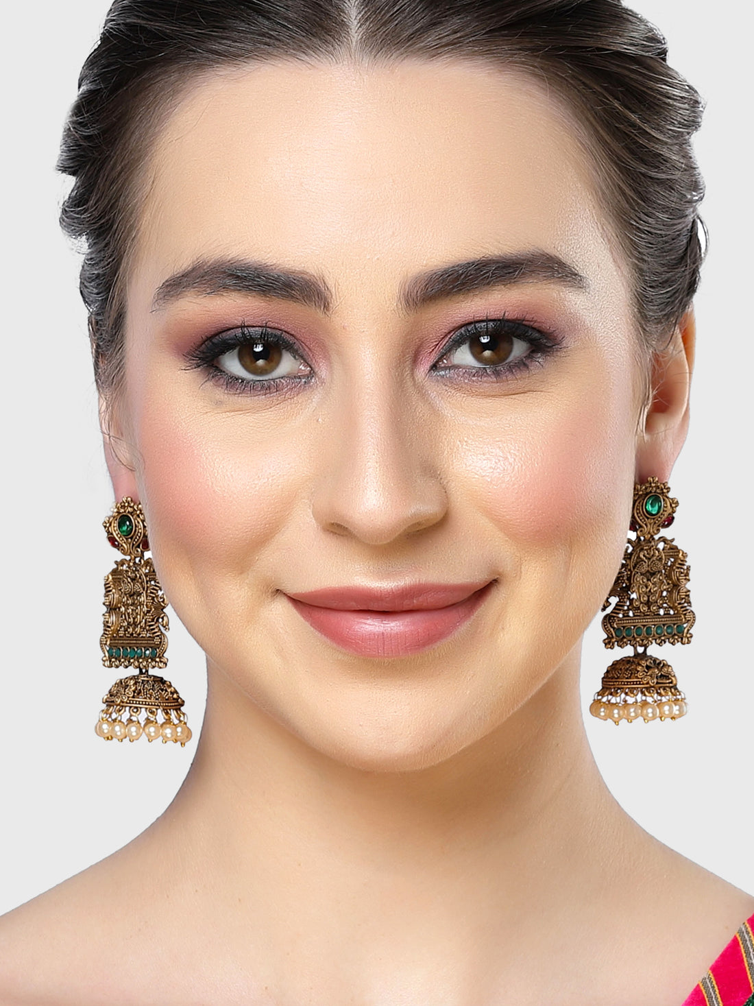 Karatcart Gold Plated Green & Red Stone Peacock Design Dangler Earrings for Women