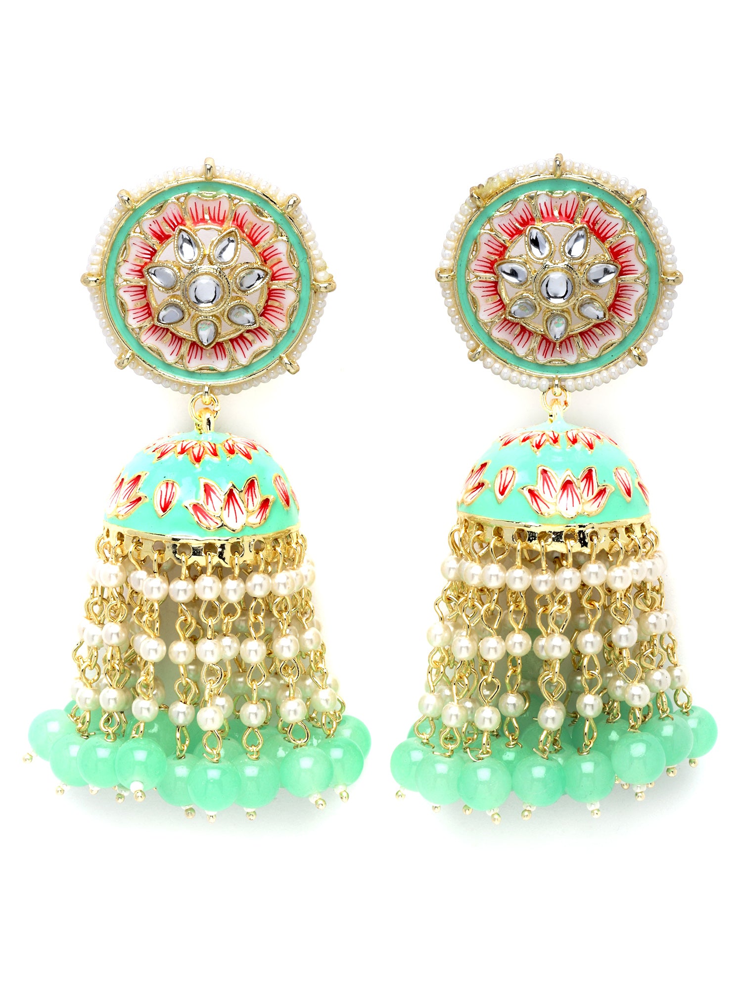 Karatcart Gold Plated Lime Green Meena and Pearl Studded Floral Kundan Jhumki Earrings for Women - view 4
