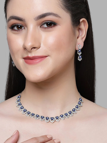 Karatcart Blue Cubic Zirconia Silver Plated Necklace Set for Women