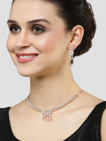 Karatcart Rose Gold Plated Pink Cubic Zirconia Studded Necklace Set