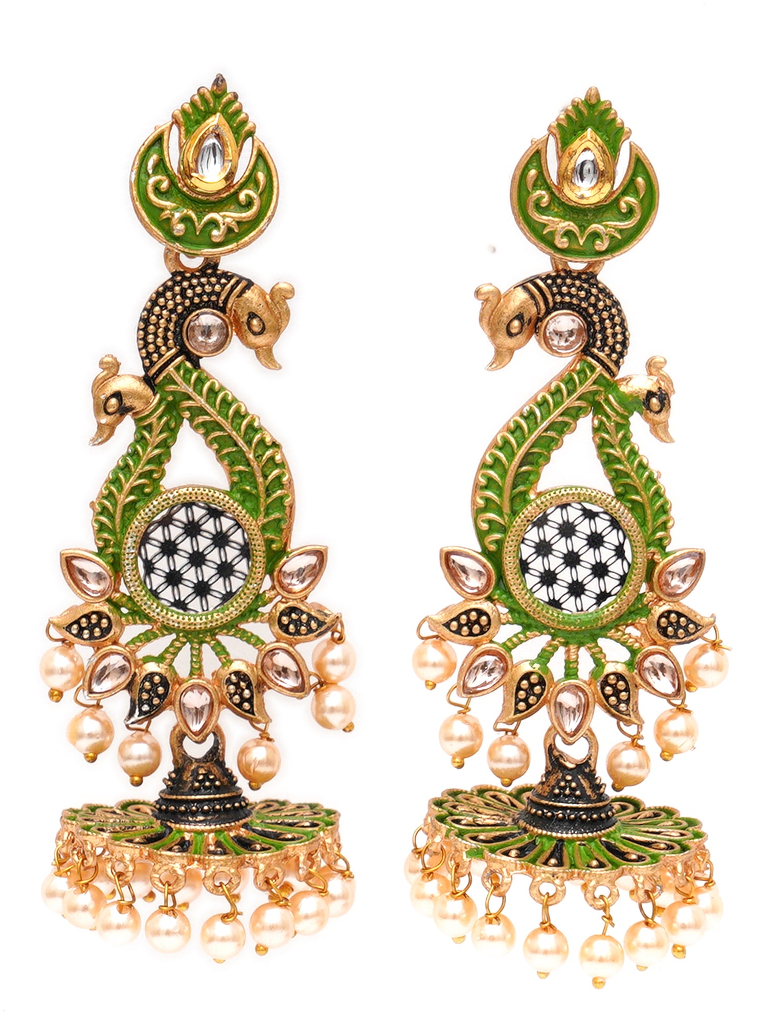 Karatcart Antique Gold Plated Kundan Studded Light Green Meena Peacock Flat Womens Jhumki Dangler Earrings - view 4