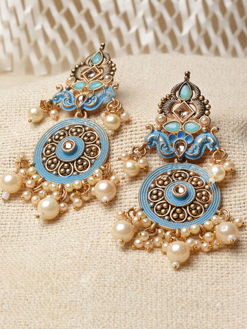 Karatcart Gold Plated Light Blue Meena Kundan Dangler Earrings for Women