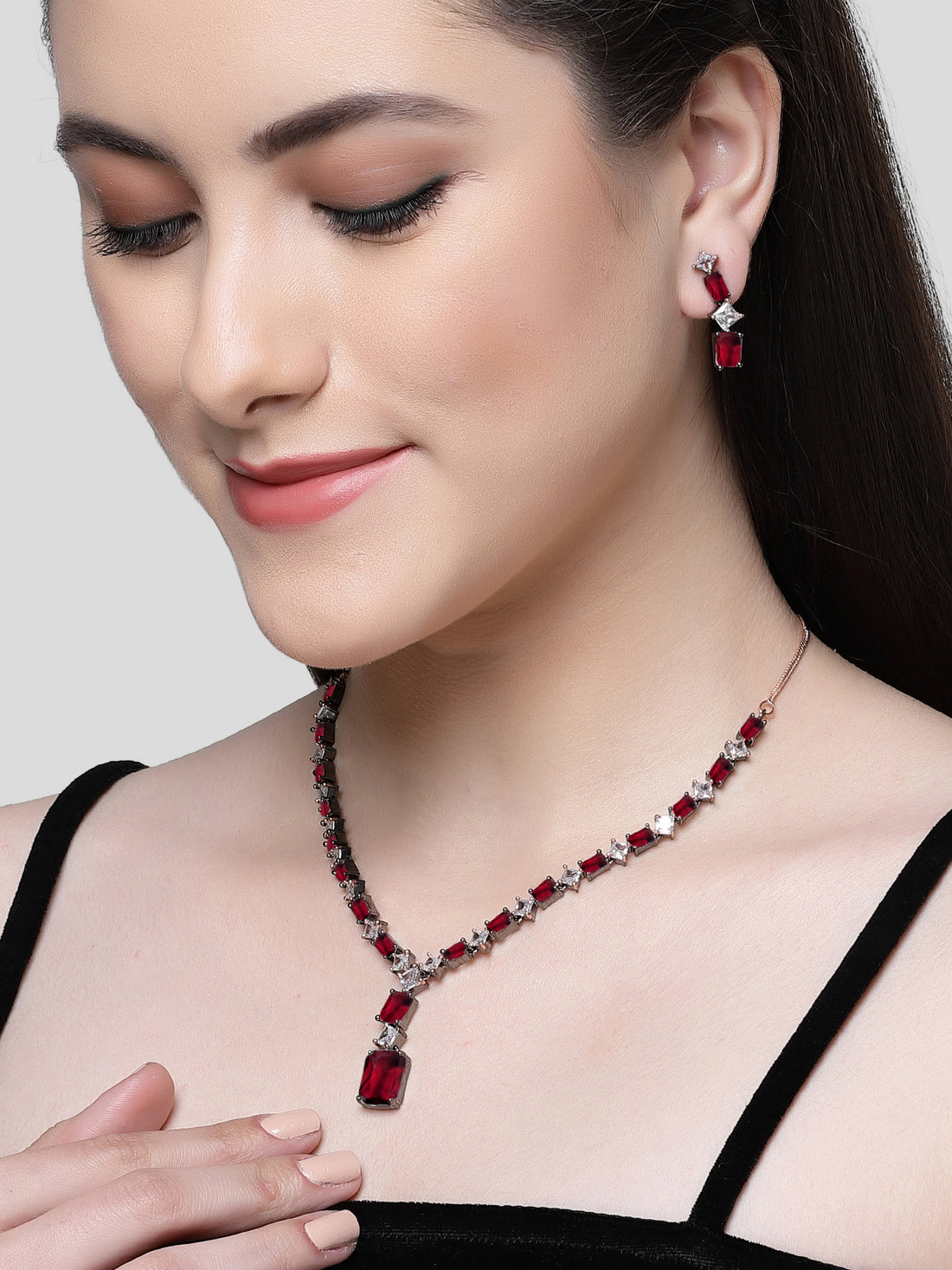 Karatcart Black Silver Plated Square Red Cubic Zirconia Necklace Set for Women