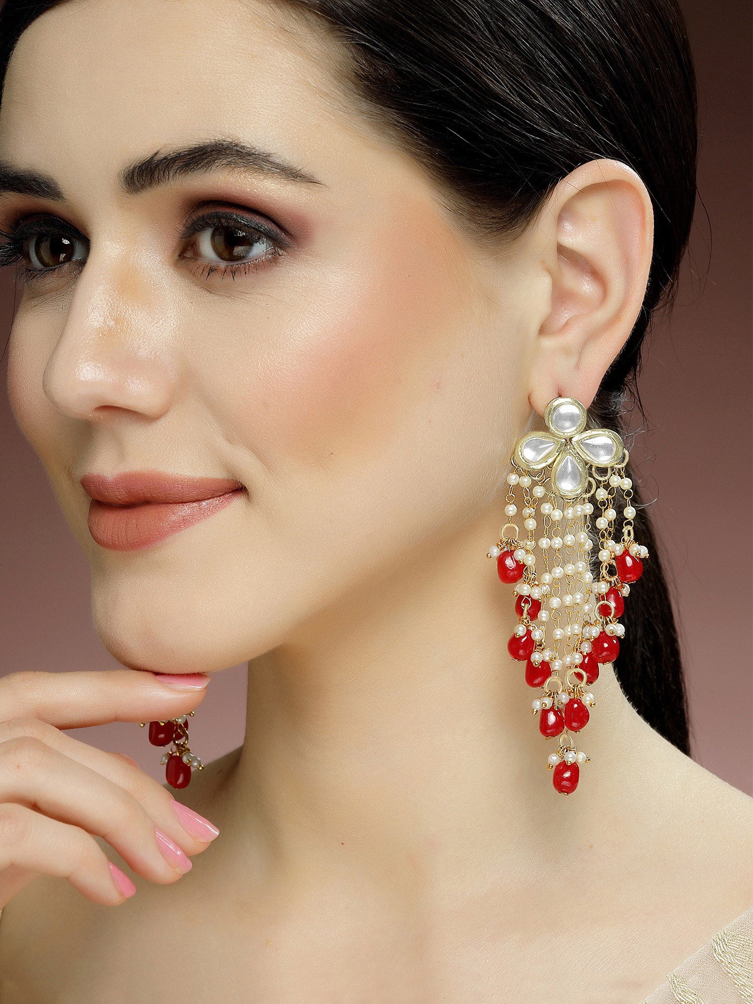Karatcart Gold Plated Red Tumble Kundan Tassel Earrings for Women - view 2