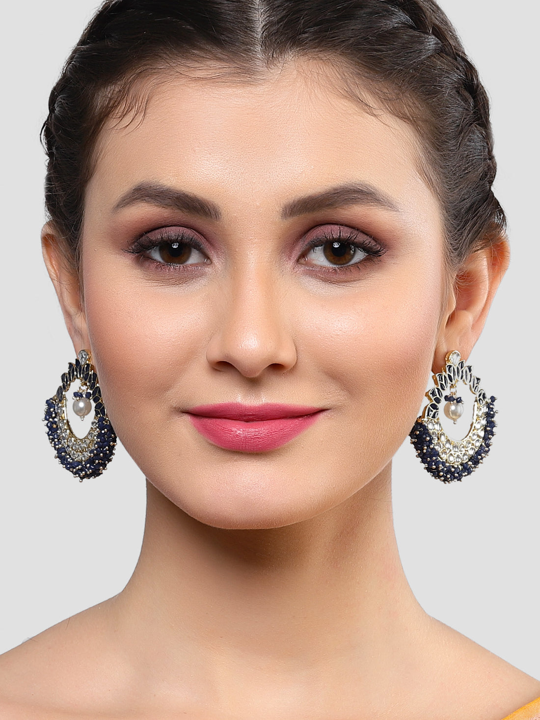 Karatcart Gold Plated Navy Blue Meena and Crystal Studded Kundan Hoop Earrings for Women