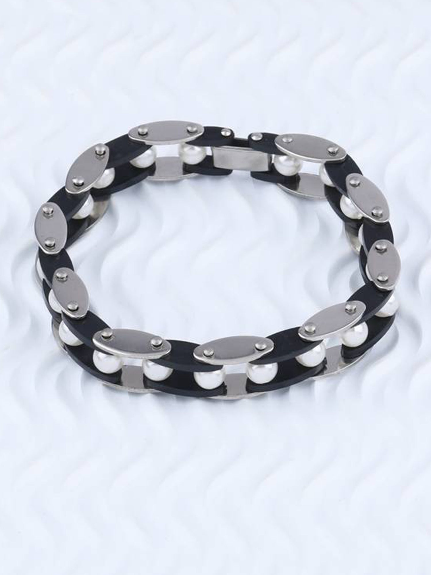 Bohey by KARATCART Men's Leather Black and Silver Link Stainless Steel Bracelet