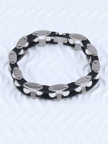 Bohey by KARATCART Men's Leather Black and Silver Link Stainless Steel Bracelet