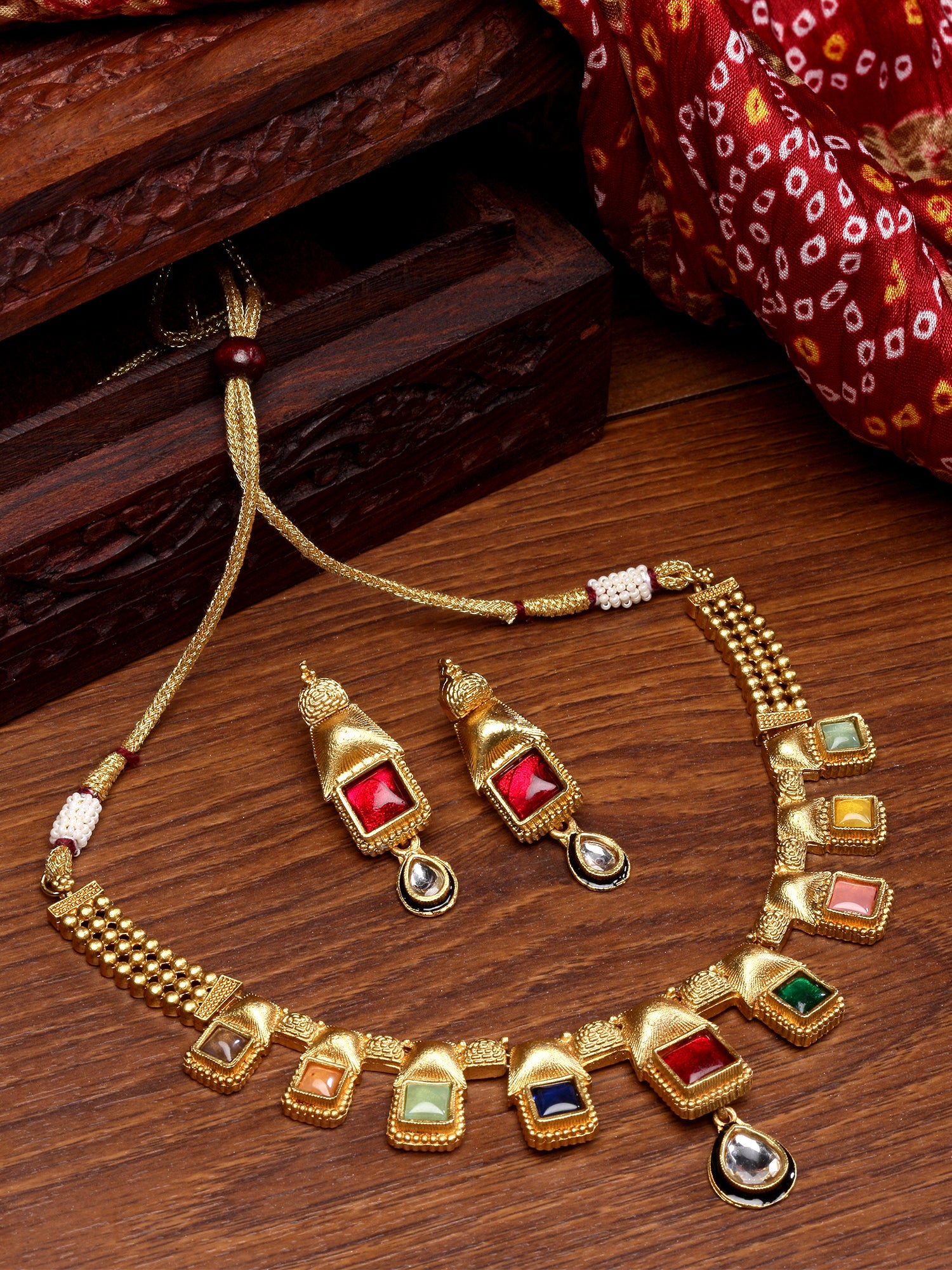 Karatcart Antique Gold Plated Multicolor Stones Studded Design Necklace Set - Image 1