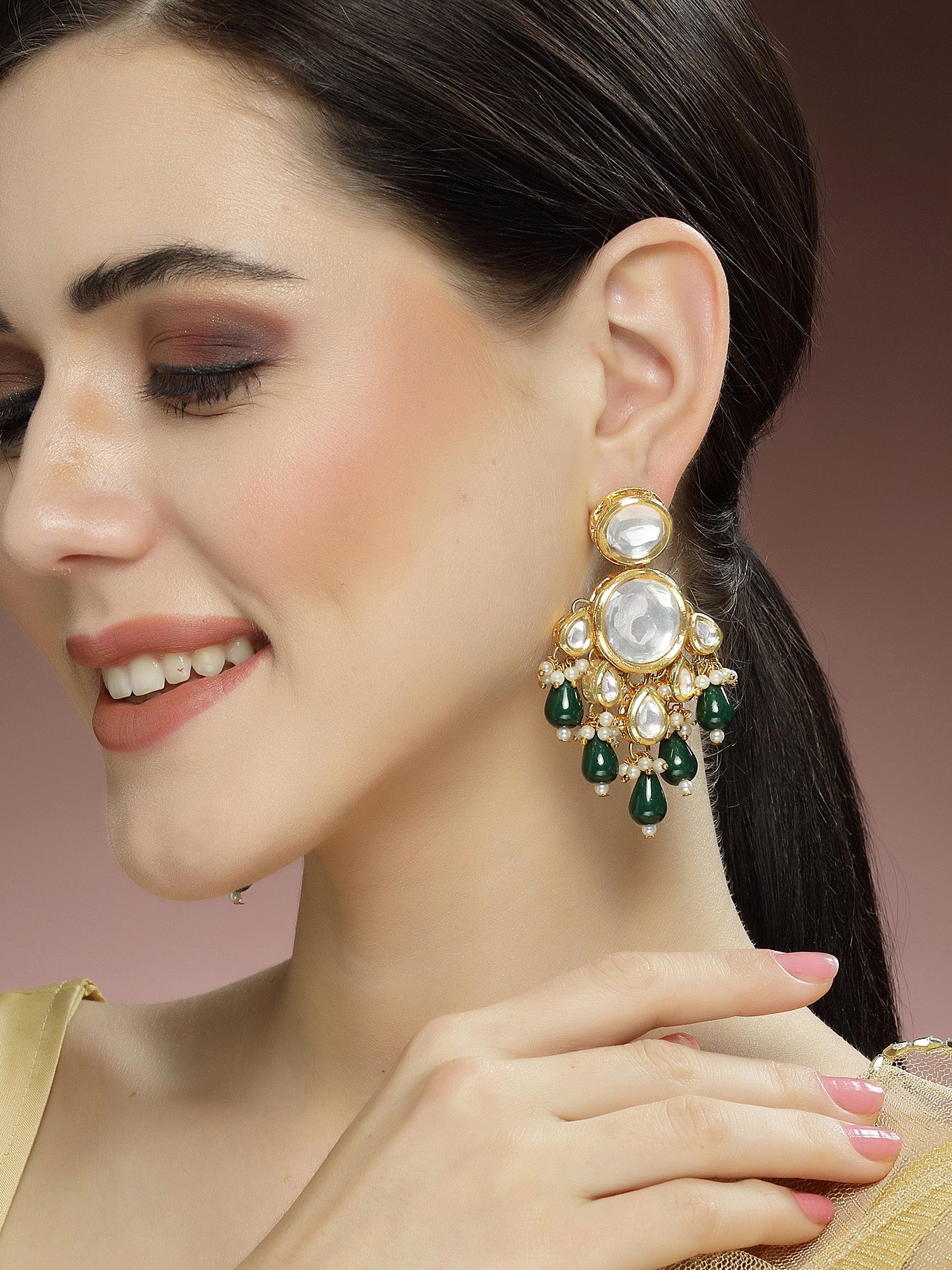 Karatcart Gold Plated Polki Kundan Green Beads Dangler Earrings for Women - view 2