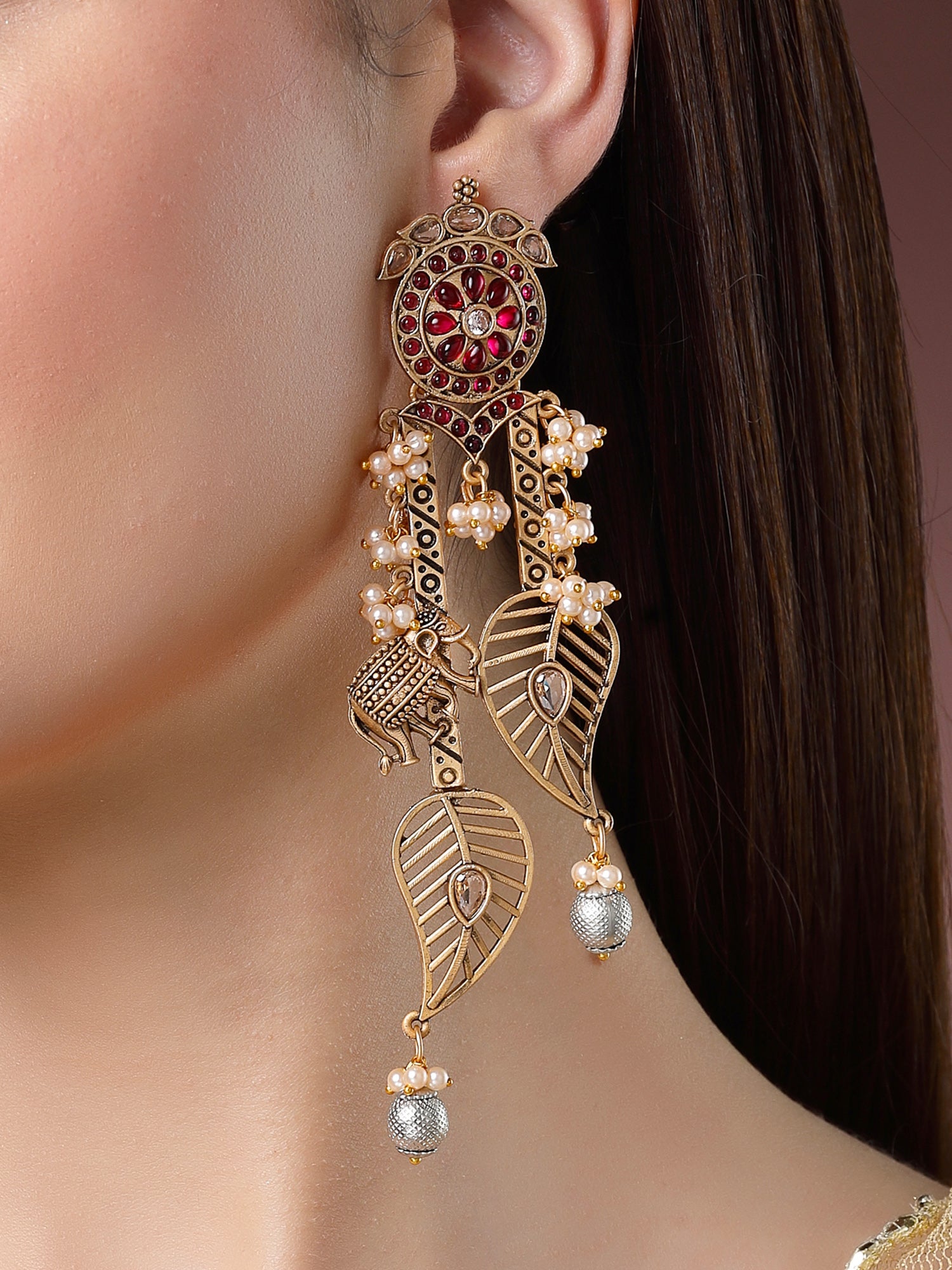 Karatcart Gold Plated Leaf Shape Red Stone Studded Drop Earrings for Women