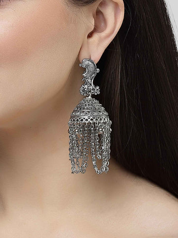 Karatcart Silver Plated Peacock Design Jhumki Earrings for Women