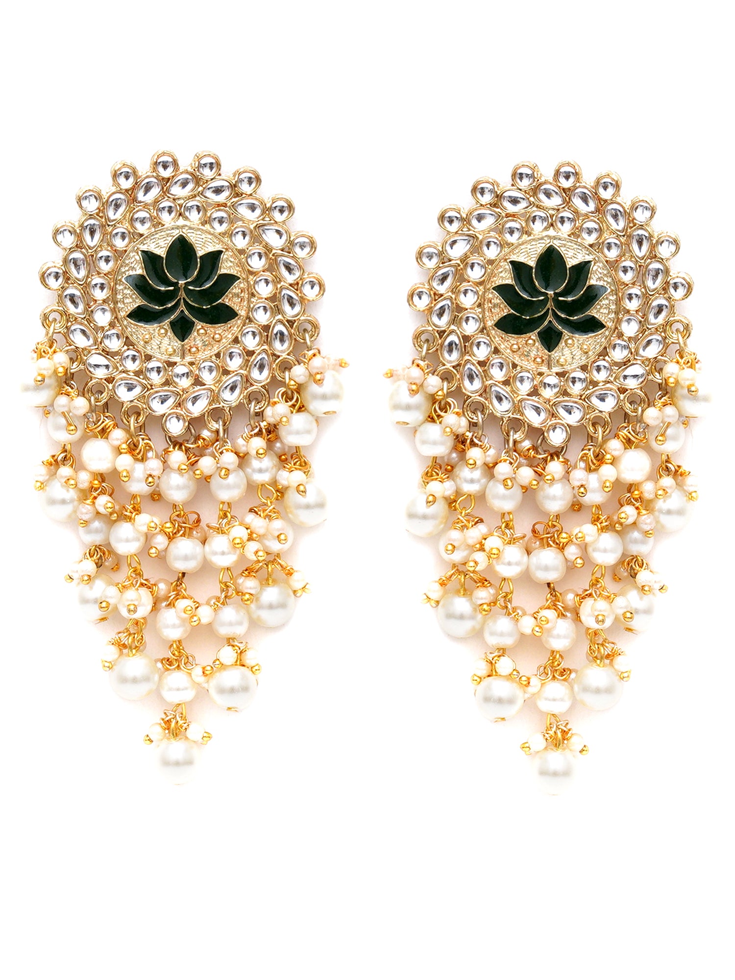 Karatcart Gold Plated Green Meena Pearl Beads Kundan Dangler Earrings for Women - view 3