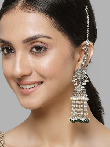 Karatcart Oxidised Silver Green Beads Kundan Jhumki Kaanchain Earrings for Women