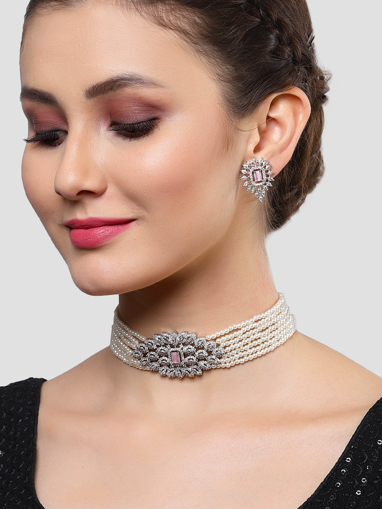 Karatcart Silver Tone Pearl Beaded Pink Cubic Zirconia Choker Necklace Set for Women