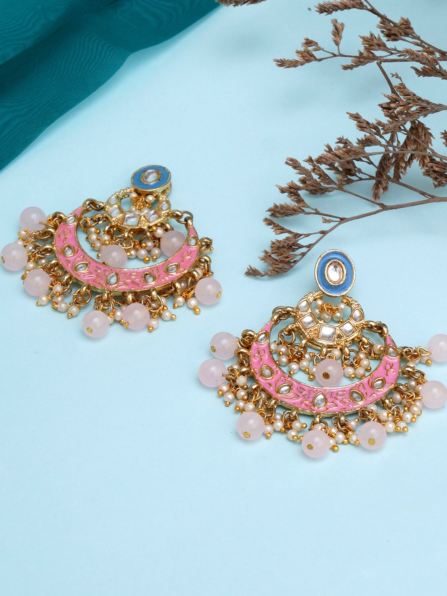 Karatcart Gold Plated Pink and Blue Meena Kundan Chandbali Earrings for Women - Image 1