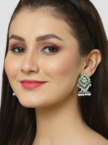 Karatcart Silver Plated Light Green Meena Jhumki Earrings for Women