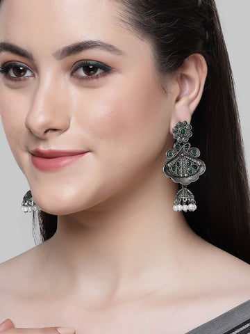 Karatcart Floral Oxidised Silver Green Stone Dangler Earring for Women