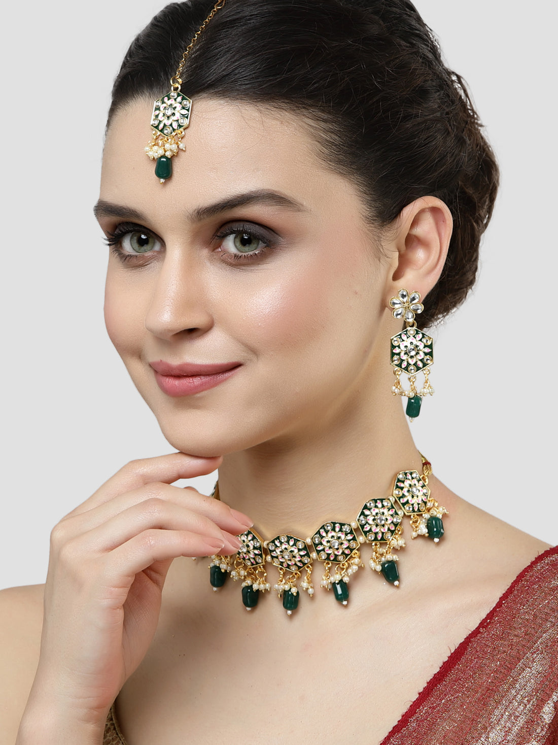 Karatcart Women Gold Plated Green Meena And Tumble Studded Kundan Necklace Set