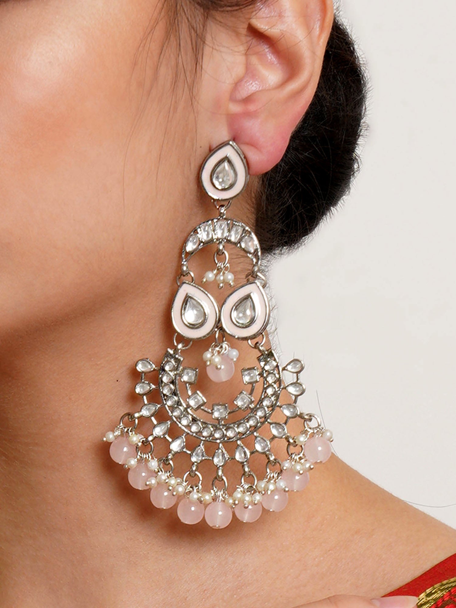 Karatcart Oxidised Silver Pink Beads Kundan Dangler Earrings for Women - Image 1