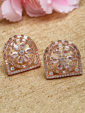 Karatcart Rose Gold Plated Cubic Zirconia Studded Floral Stud Earrings for Women