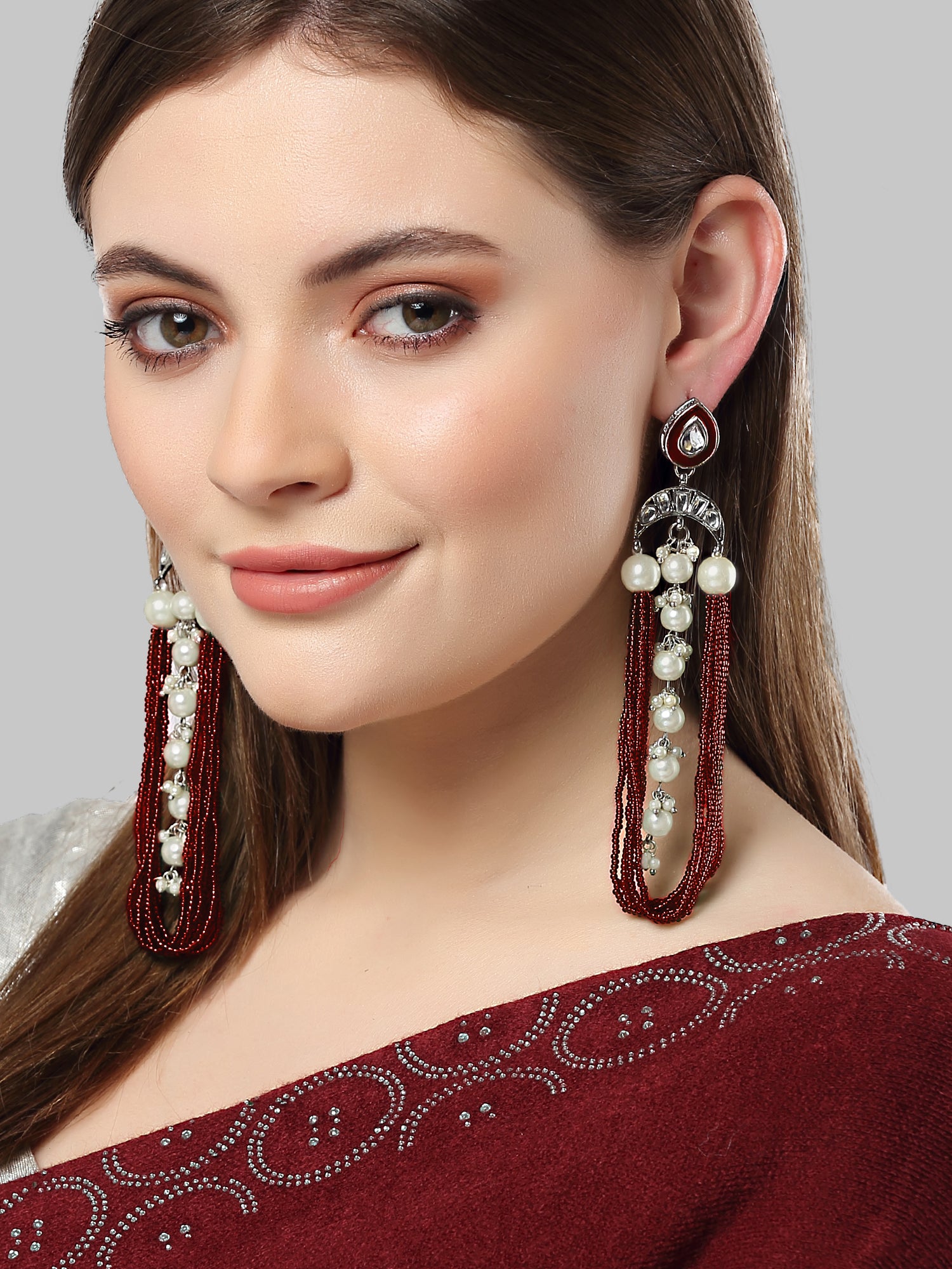 Karatcart Oxidised Silver Pearl and Green Moti Studded Kundan Drop Earrings for Women - Image 1