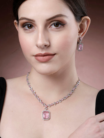 Karatcart Silver Plated Pink Cubic Zirconia Studded Jewellery Set for Women